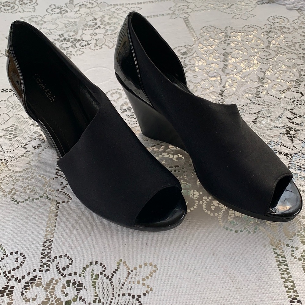 Calvin Klein Paten Leather Wrap Around Black Wedge